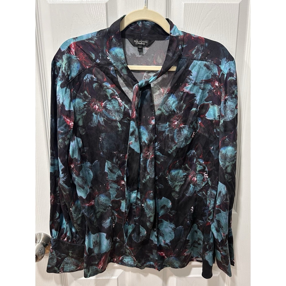 ST JOHN Couture Floral Neck Tie Silk Blouse Long Sleeve Button Down Size 14